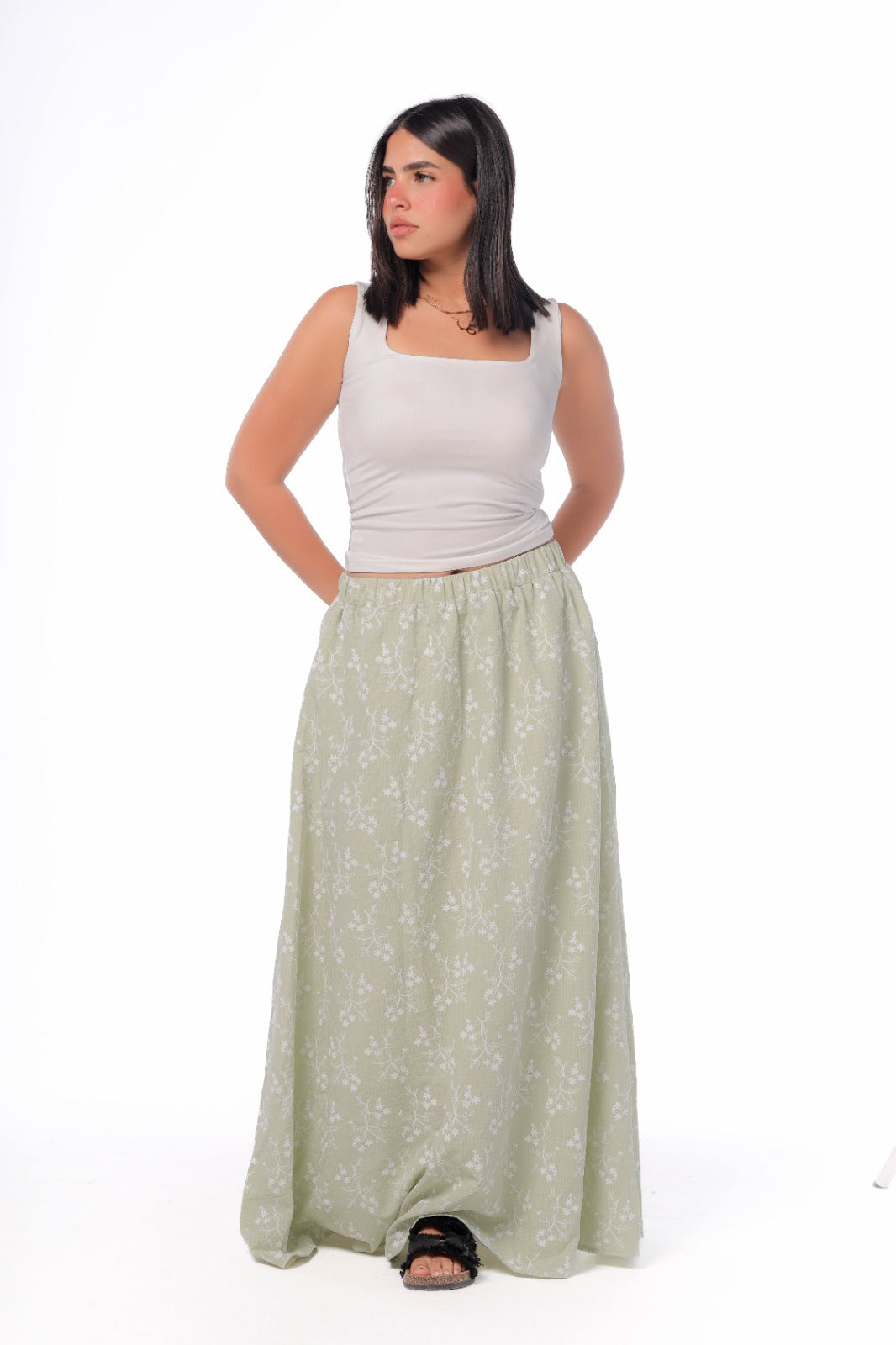 floral skirt in olive green