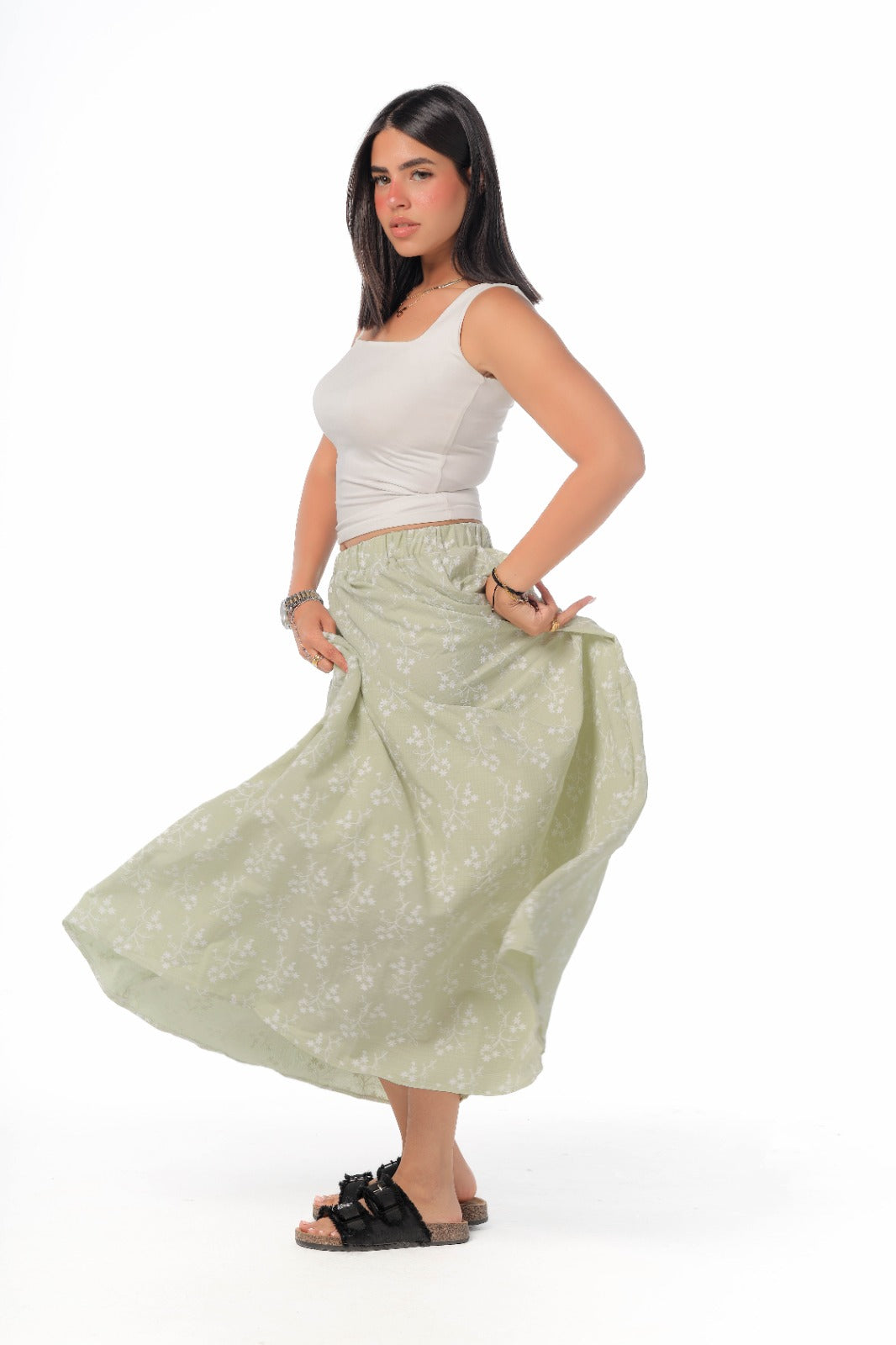 floral skirt in olive green