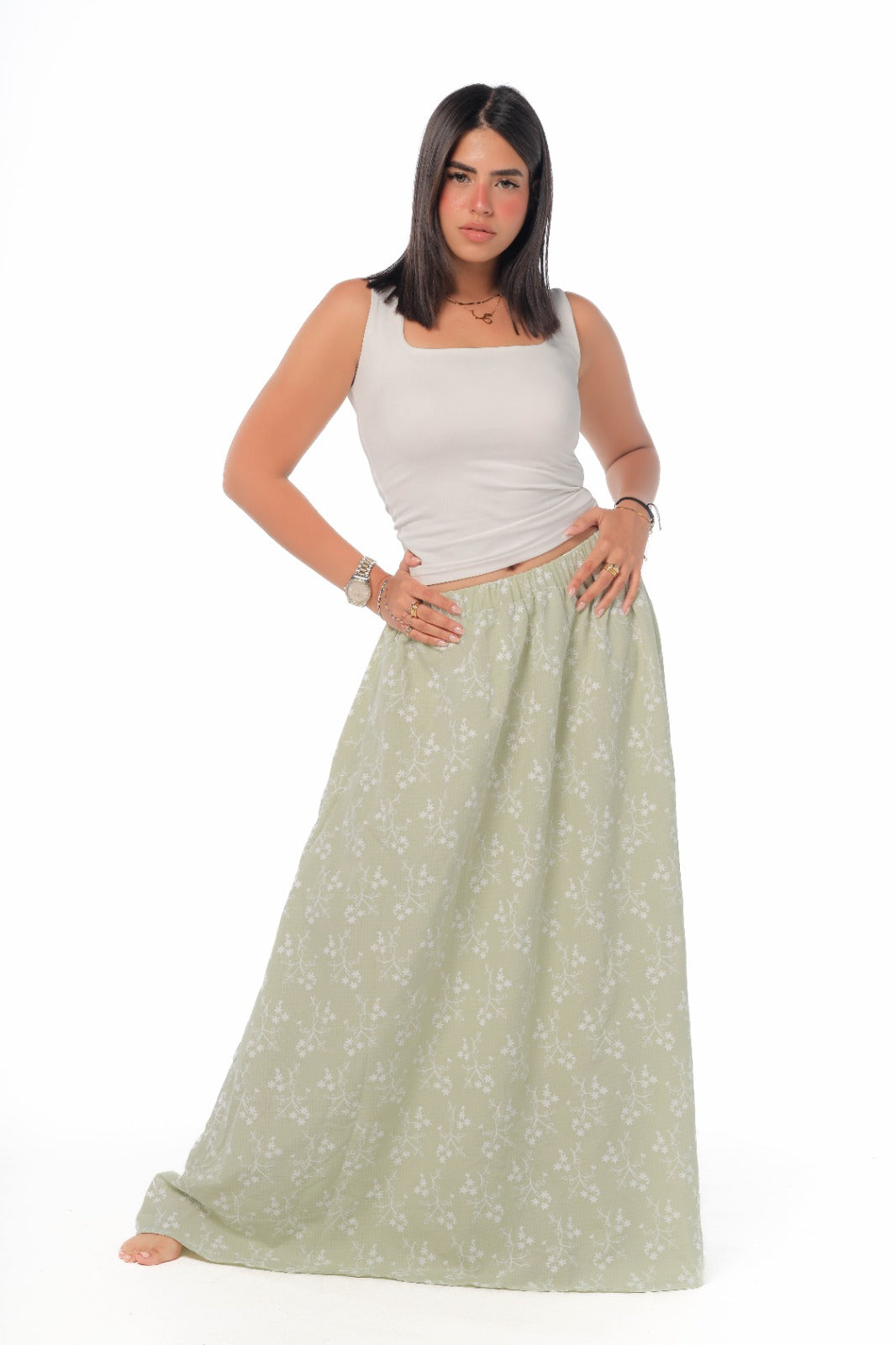 floral skirt in olive green
