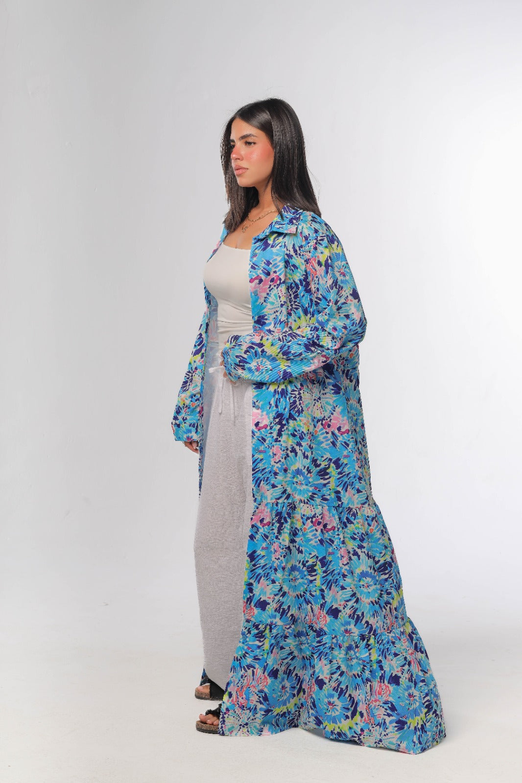 Floral tiered dress with buttons in blue