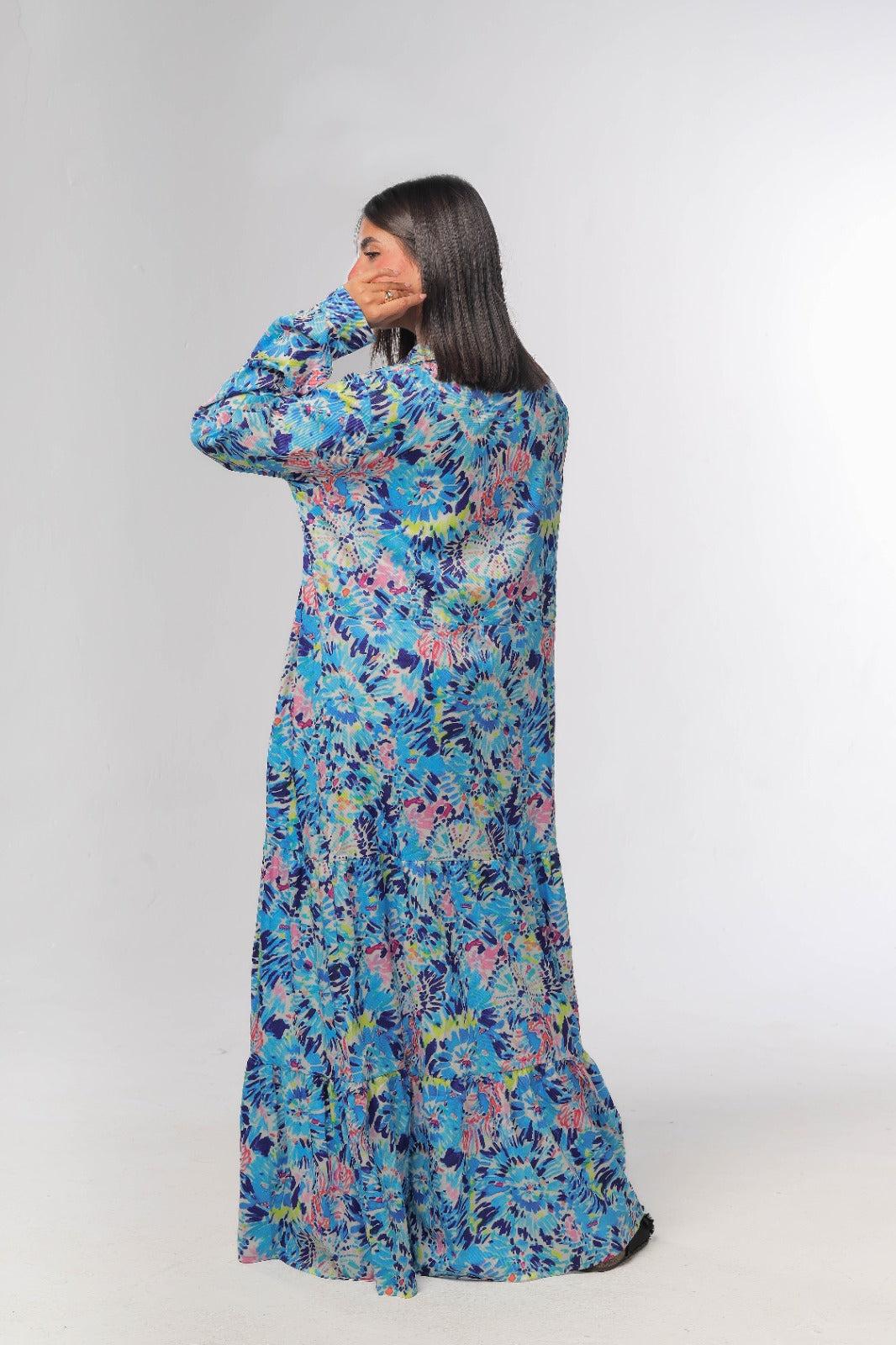 Floral tiered dress with buttons in blue