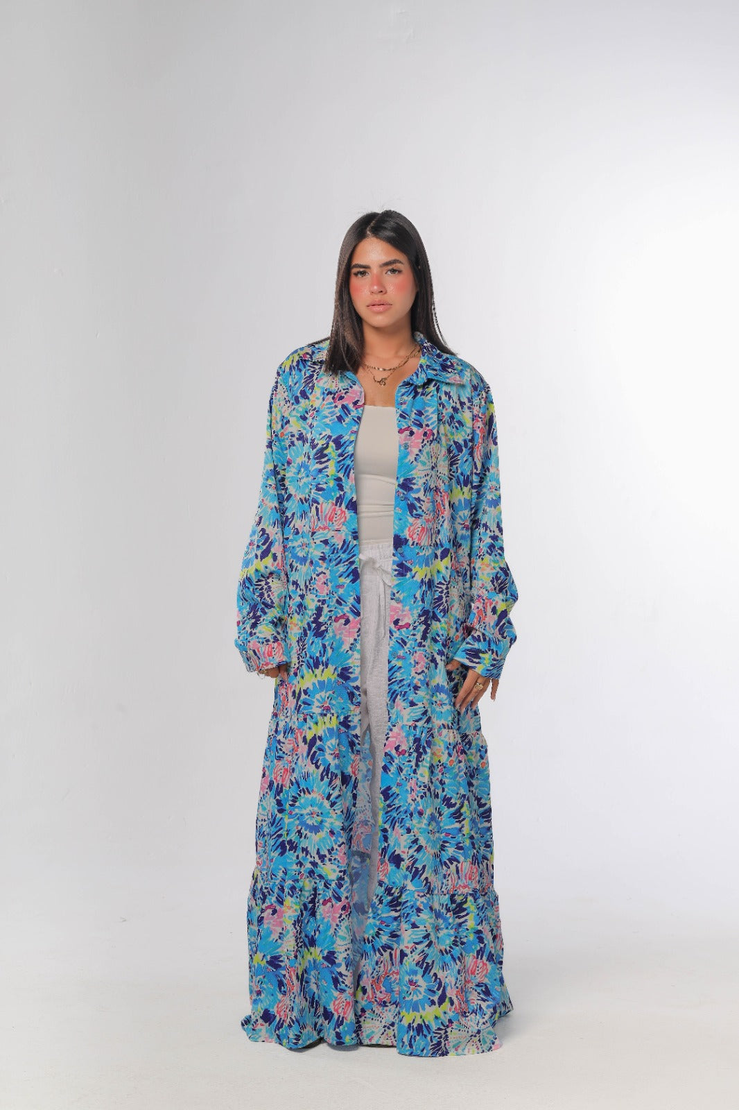 Floral tiered dress with buttons in blue
