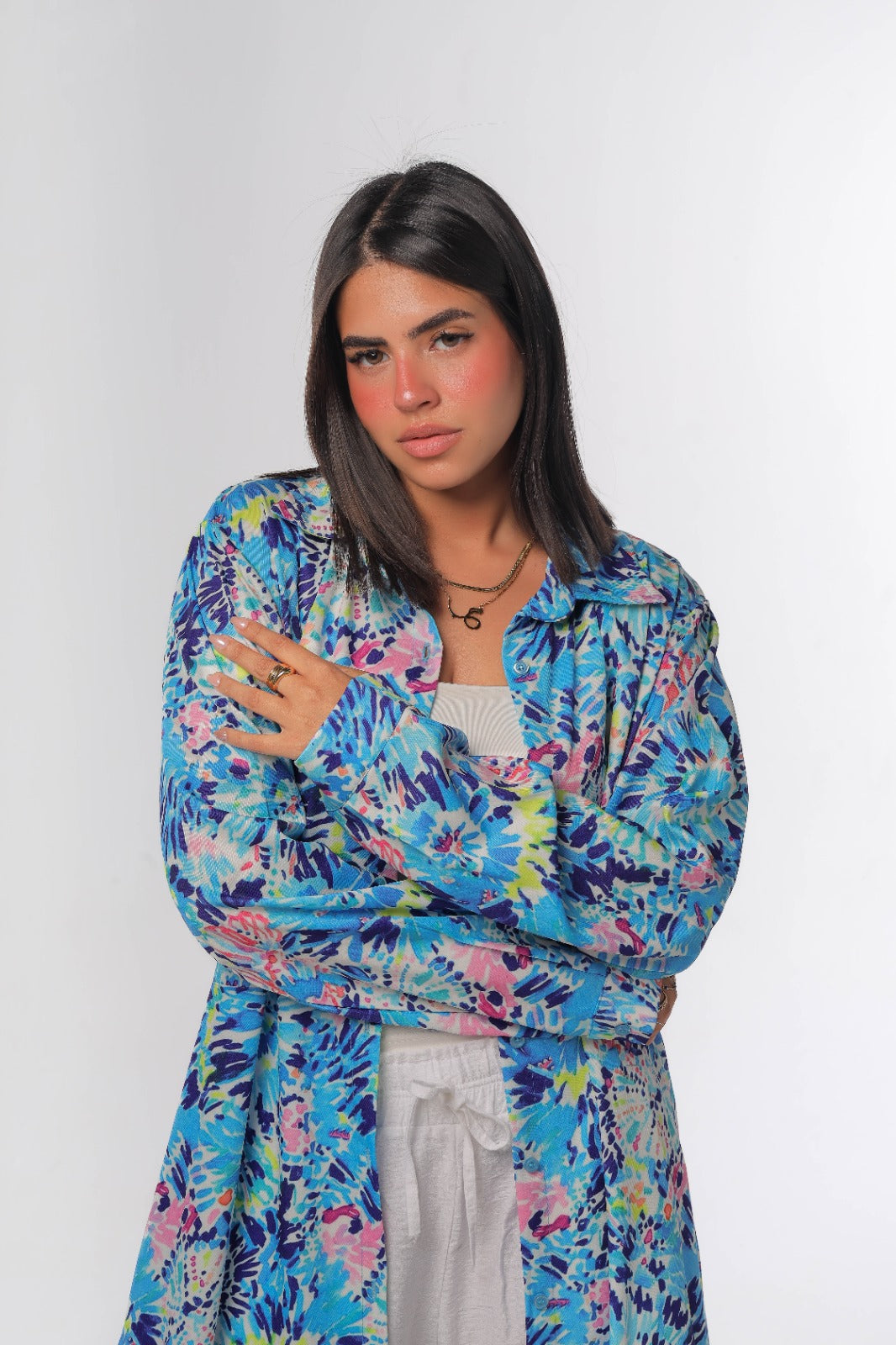 Floral tiered dress with buttons in blue