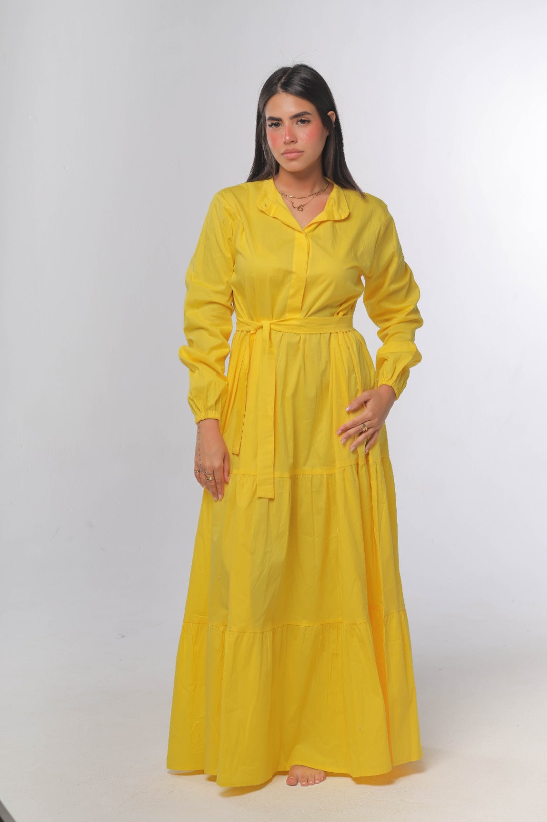 Tiered poplin dress in yellow