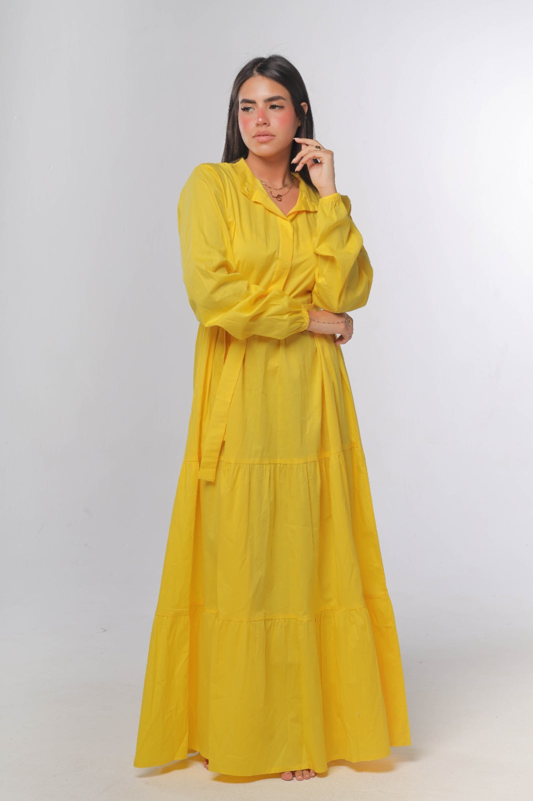 Tiered poplin dress in yellow