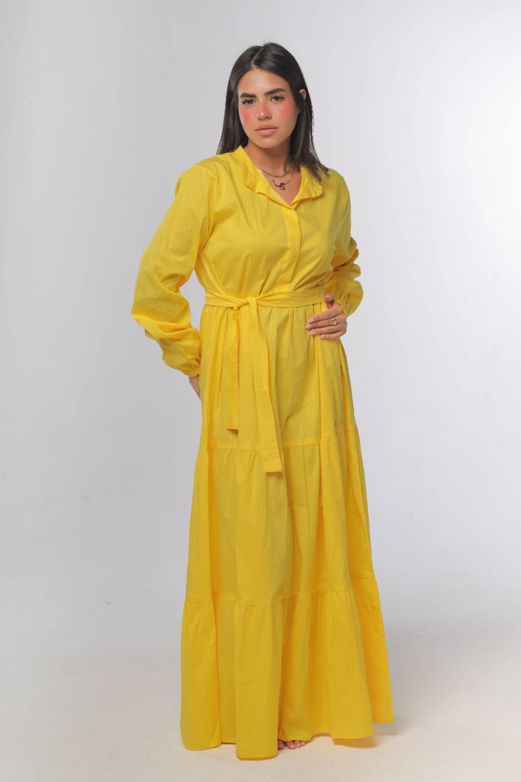 Tiered poplin dress in yellow