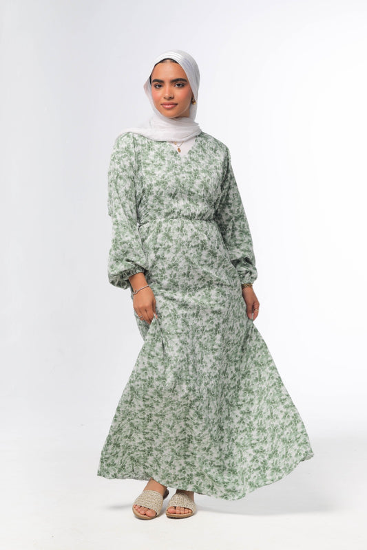 floral dress in olive green