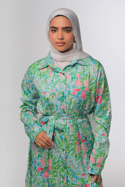 Floral tiered dress with buttons in green