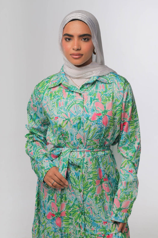 Floral tiered dress with buttons in green
