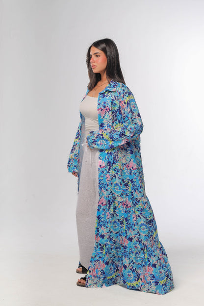 Floral tiered dress with buttons in blue