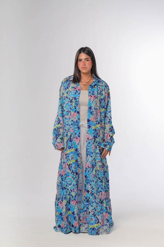 Floral tiered dress with buttons in blue