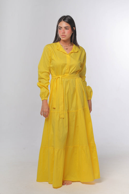 Tiered poplin dress in yellow