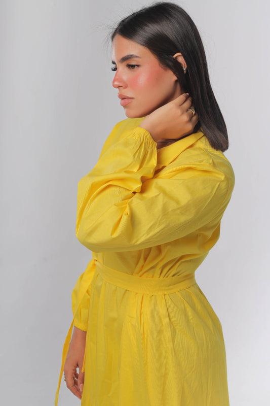 Tiered poplin dress in yellow